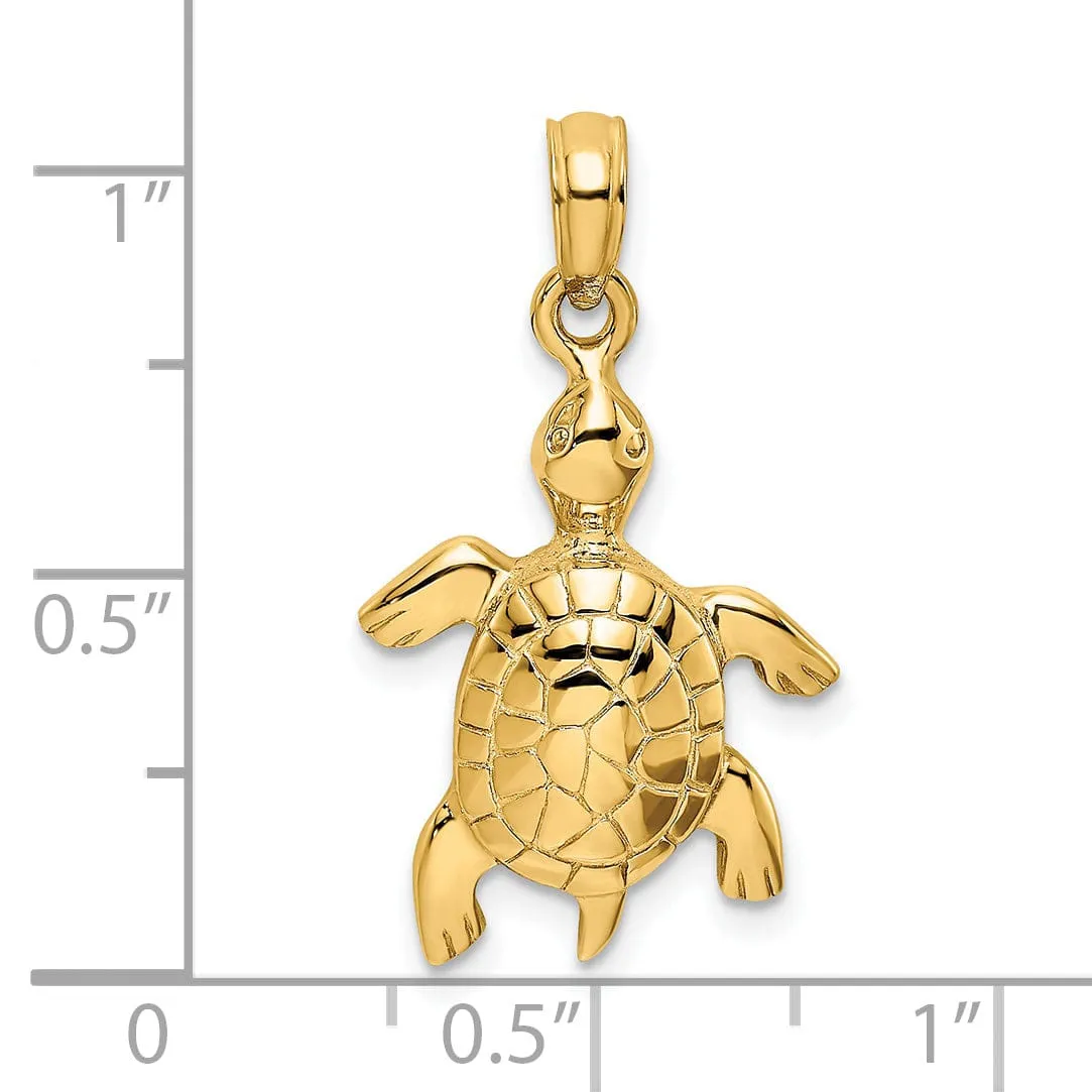 14k Yellow Gold Casted Solid Textured and Polished Finish Turtle with Textured Shell Charm Pendant