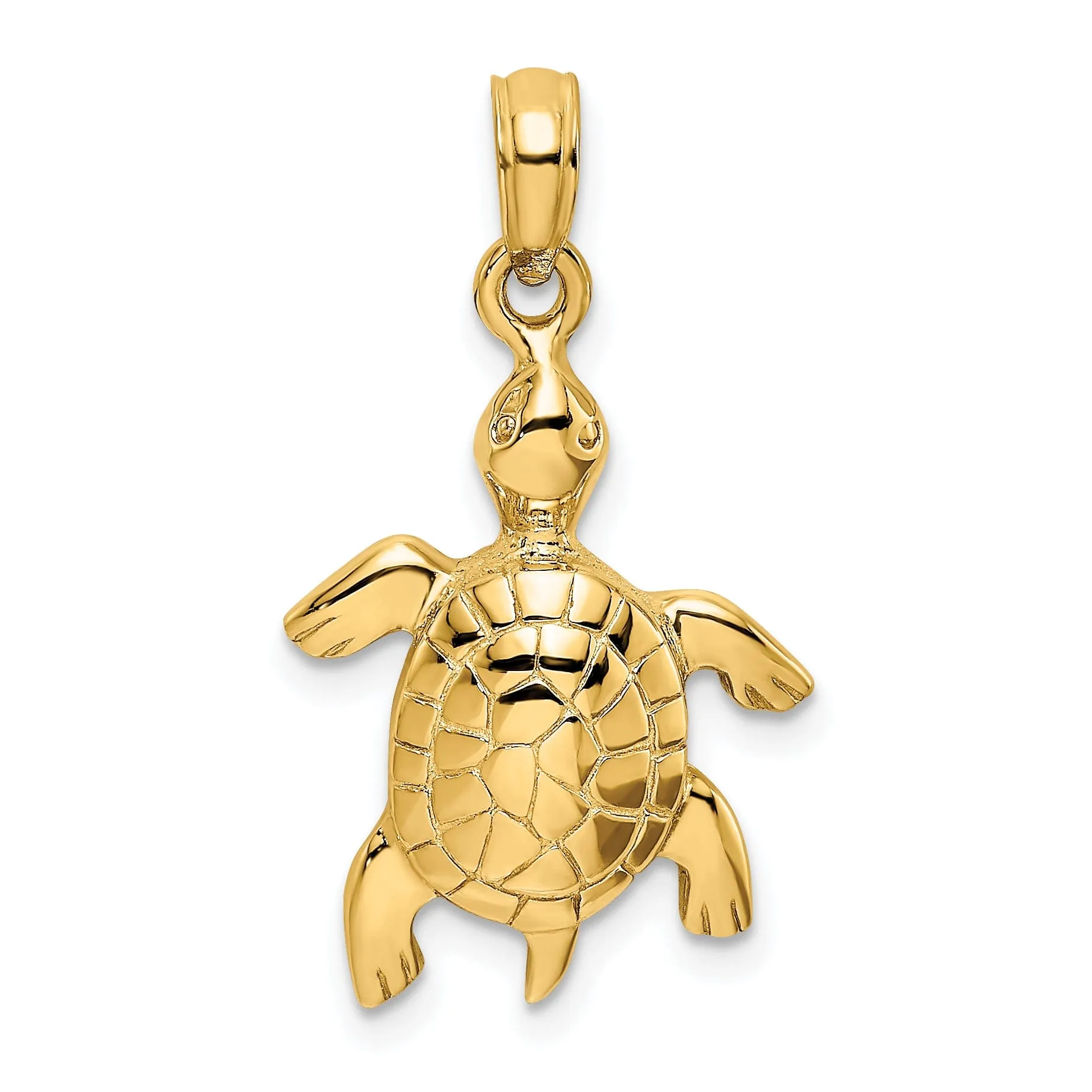 14k Yellow Gold Casted Solid Textured and Polished Finish Turtle with Textured Shell Charm Pendant