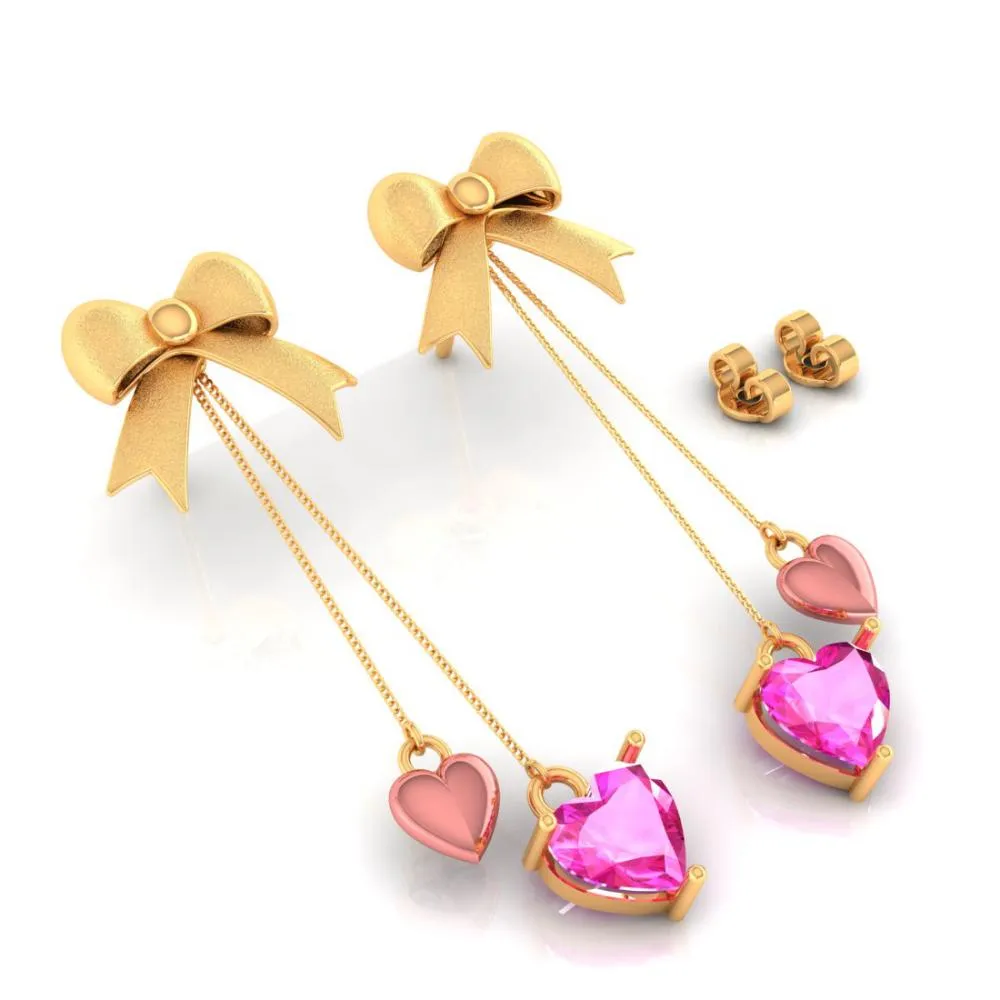 22k Combined With Hearts And Bow Style Gold Earrings