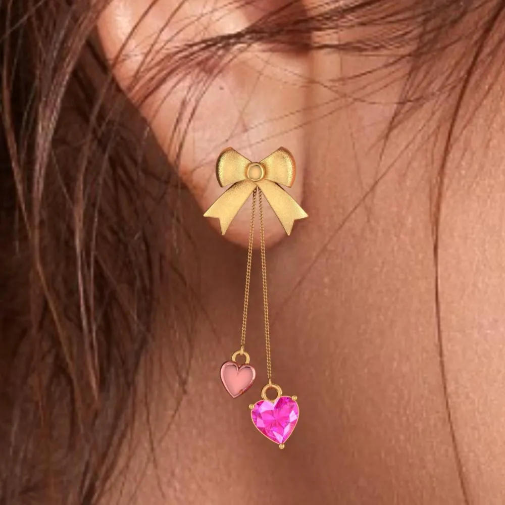 22k Combined With Hearts And Bow Style Gold Earrings