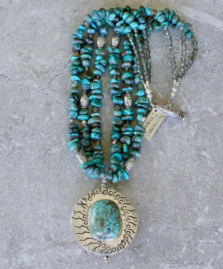 47mm Kingman Turquoise, Sterling & Copper Reversible Pendant with 3 Strands of Turquoise Nuggets, Fire Polished Glass, Hill Tribe Silver and Sterling