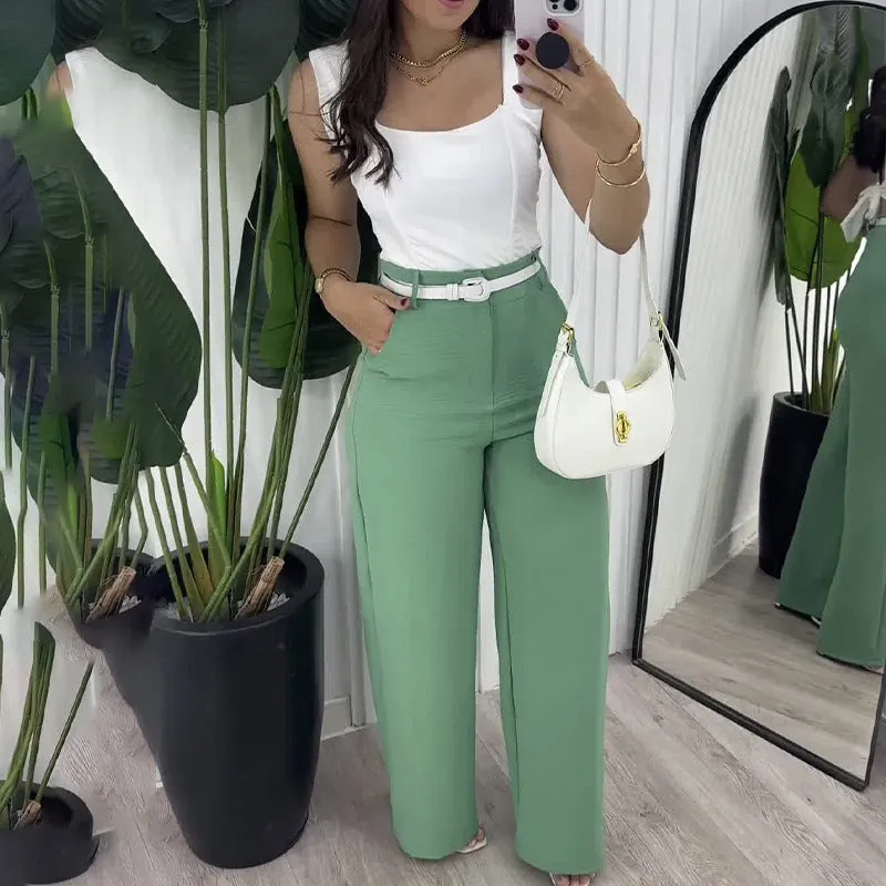 Advbridge business casual women outfits chic Solid Color Square Collar Sling Simple Elegant Top with High Waist Wide Leg Straight Trousers Two-Piece Set