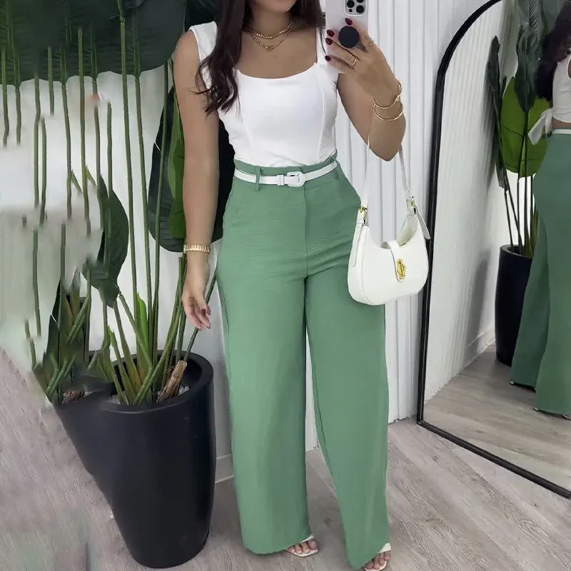 Advbridge business casual women outfits chic Solid Color Square Collar Sling Simple Elegant Top with High Waist Wide Leg Straight Trousers Two-Piece Set