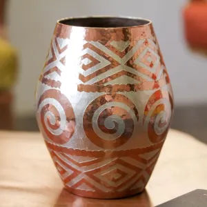 Ancient Pottery Spiral Motif Silver Accented Copper Vase from Mexico