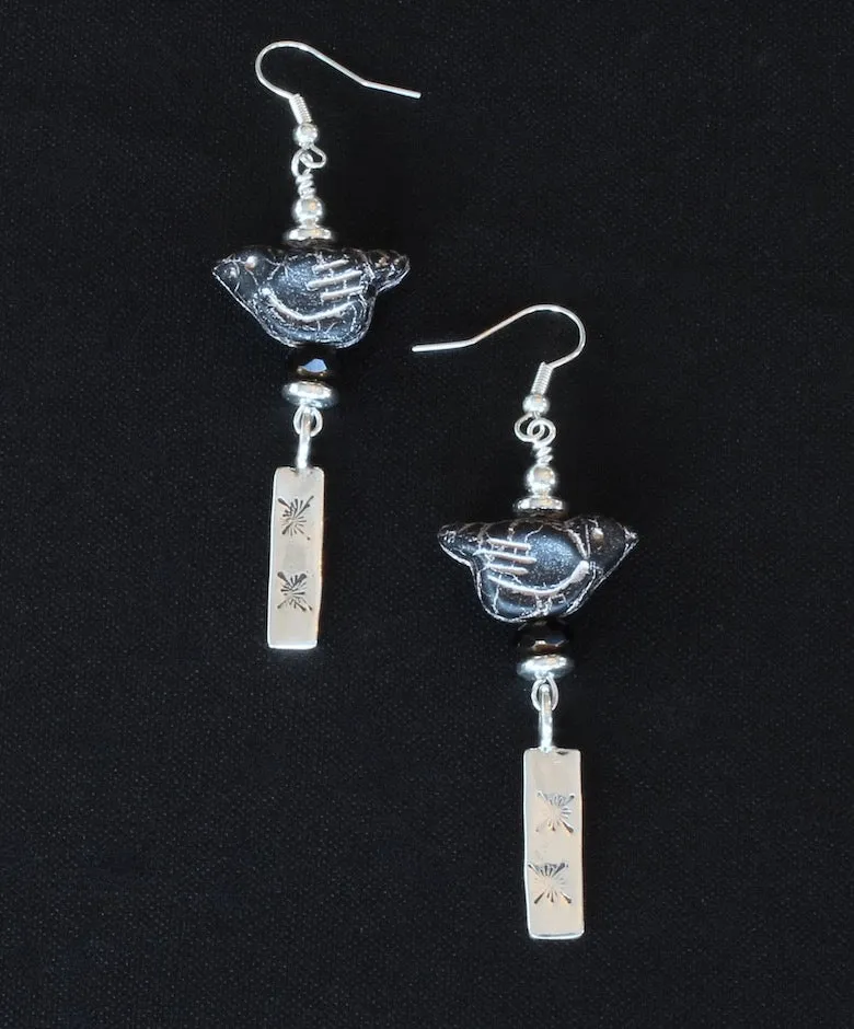 Black Czech Glass Bird Earrings with Sterling Silver Discs and Earring Dangles