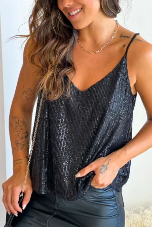 Black Sequin V-Neck Top