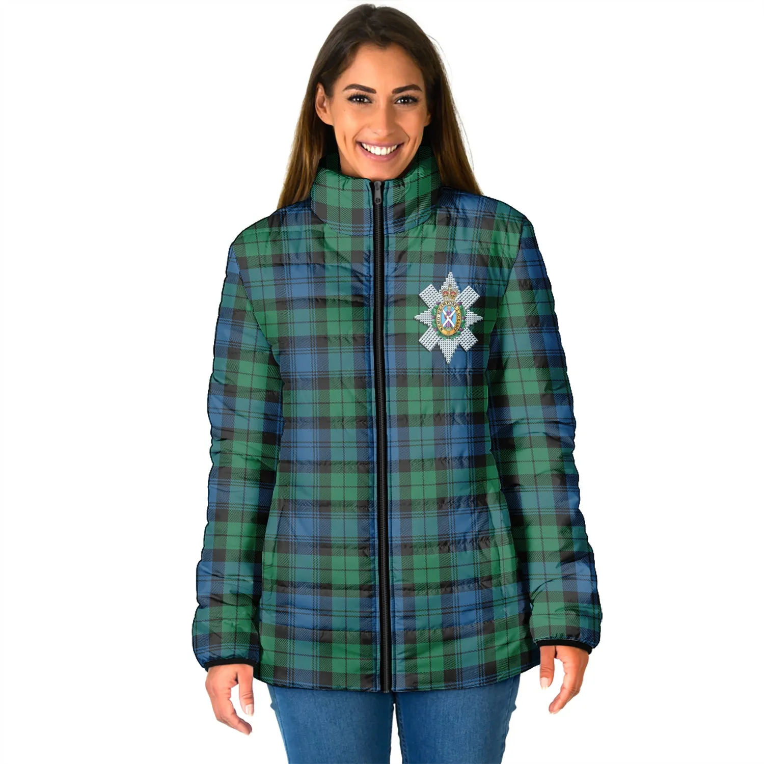 Black Watch Ancient Tartan Padded Jacket with Family Crest