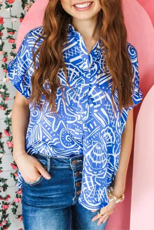 Blue Abstract Print Cuffed Sleeve Button Up Blouse