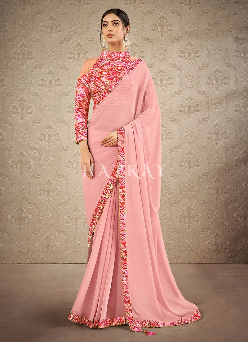 Blush Pink Digital Printed Chiffon Silk Saree