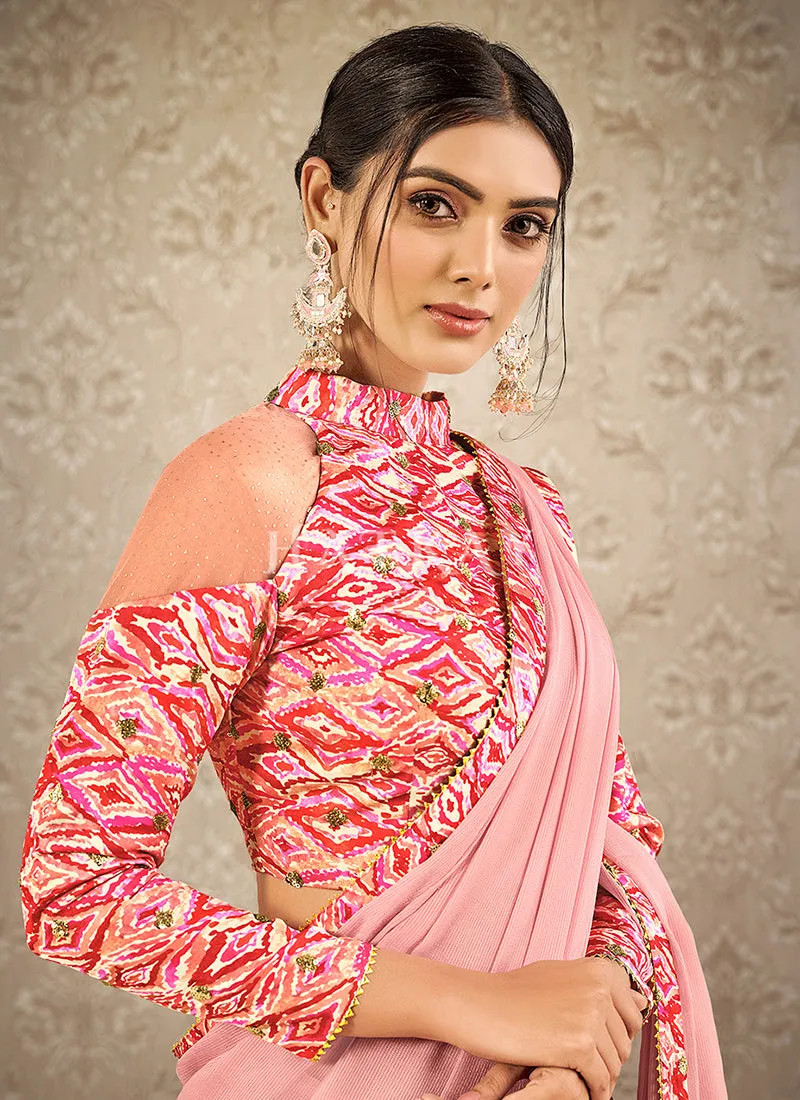 Blush Pink Digital Printed Chiffon Silk Saree