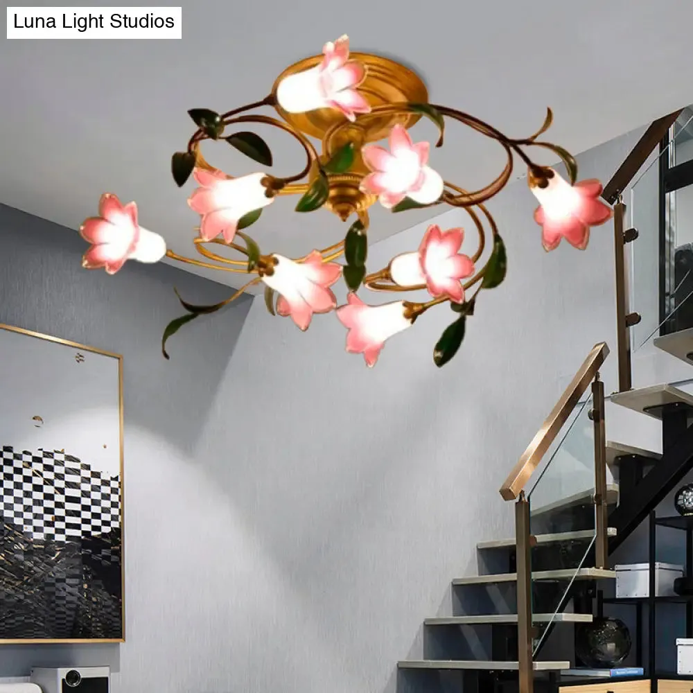 Brass Semi Flush Lily LED Ceiling Fixture - 8 Heads, Pastoral Metal Design for Living Room