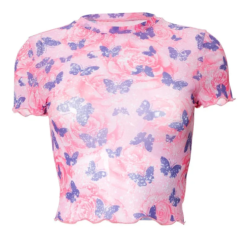 Butterfly Printed Pink Mesh Sheer Cute T Shirt for Girls Graphic Tees Trendy Clothes 2024 Summer Crop Tops P85-AD10