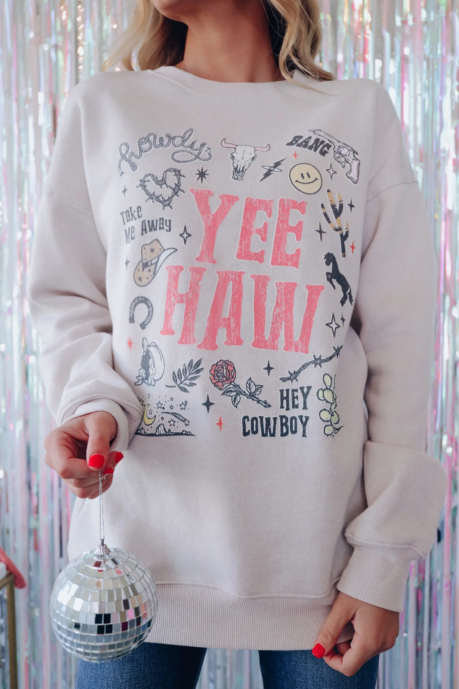 Country And Western Doodles "Yee Haw" Graphic Sweatshirt - Tan