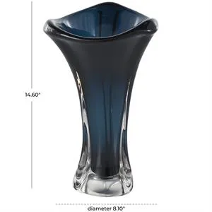 Dark Blue Glass Abstract Ombre Tulip Vase with Clear Base -  8" X 8" X 15"