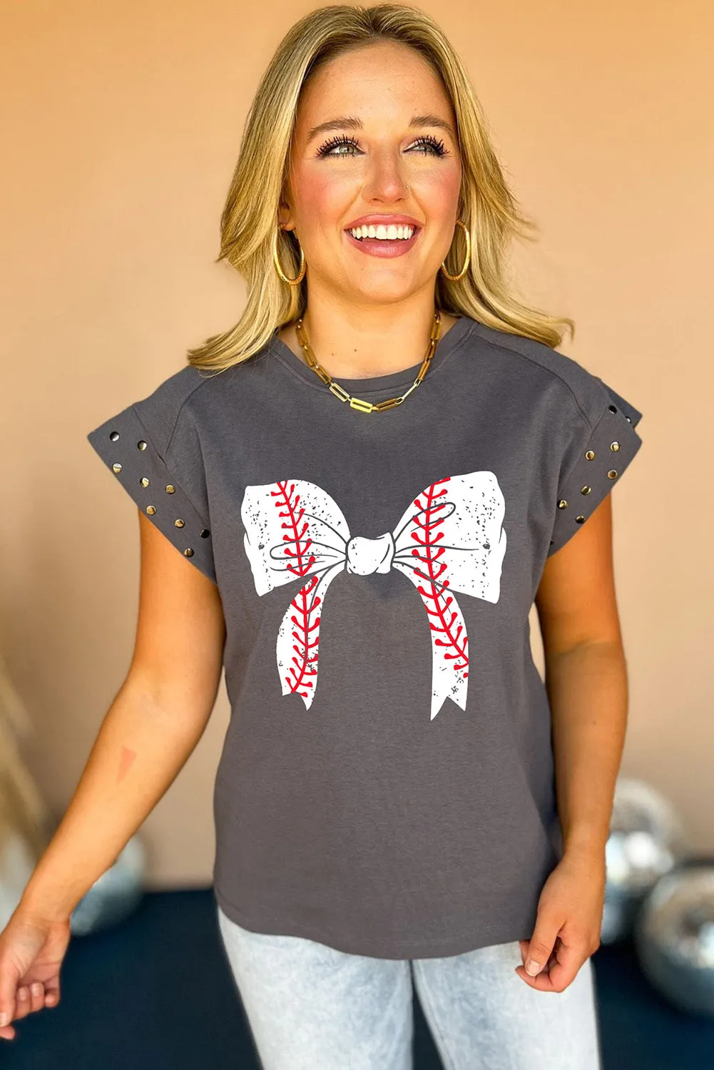 Dark Grey Baseball Bow Knot Graphic Studded Sleeve T Shirt