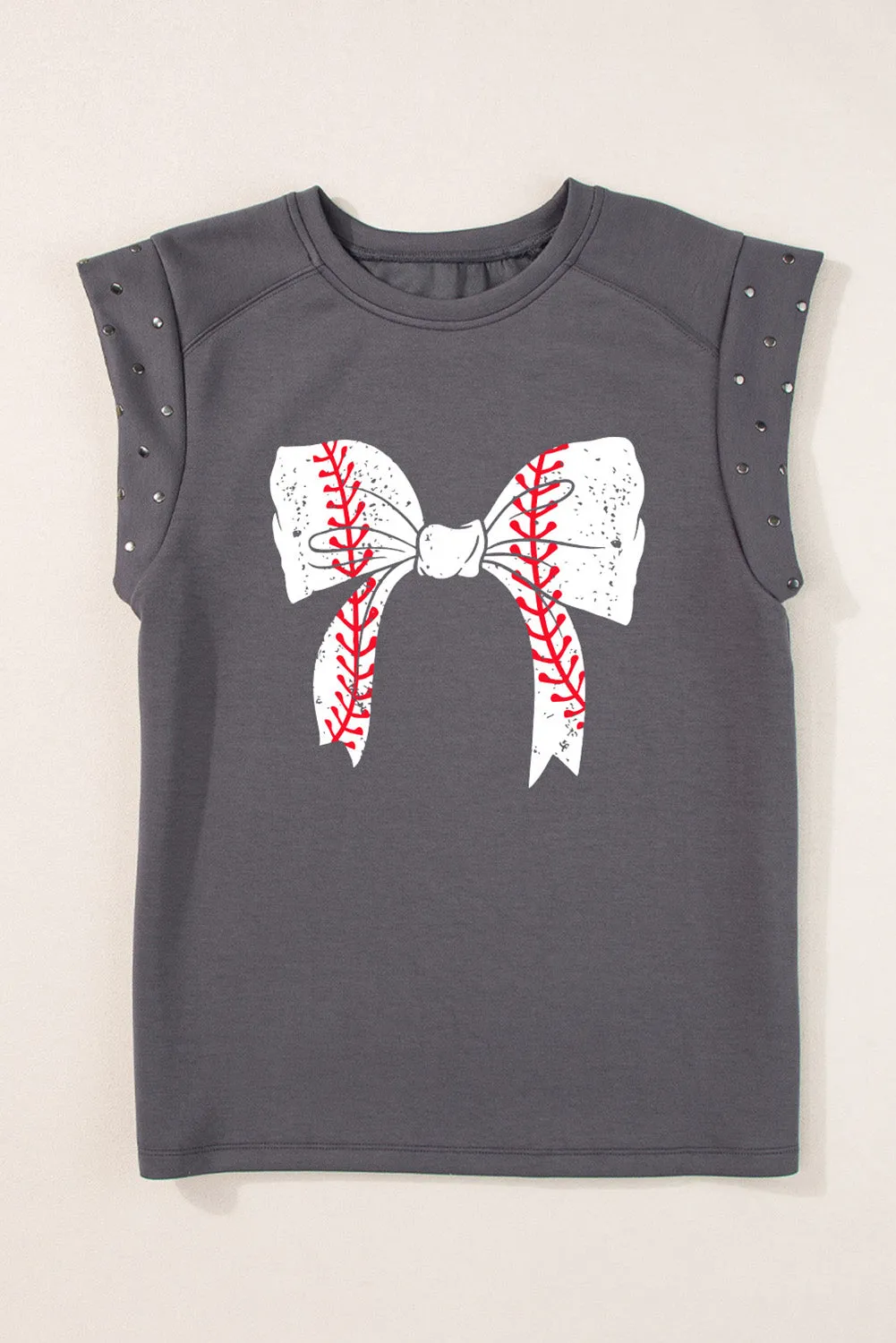 Dark Grey Baseball Bow Knot Graphic Studded Sleeve T Shirt