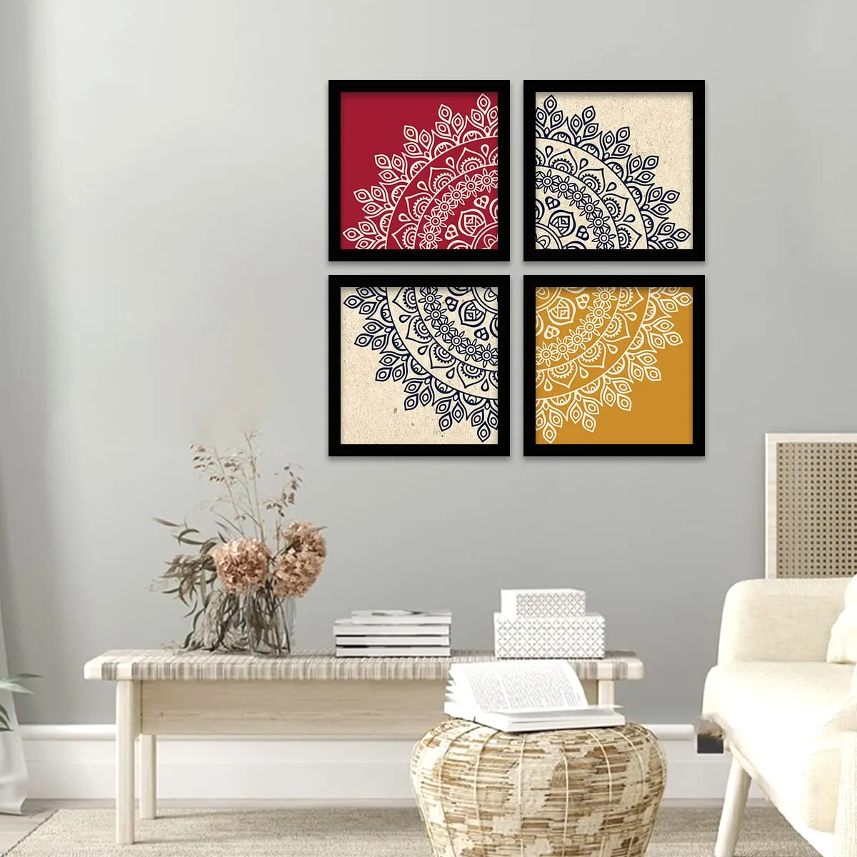 Digital Art Mandala Paintings for Wall Decoration- Modern Art Decor Frames for Living Room - Wall Paintings/Wall Hanging Set of 4 (Design 7)