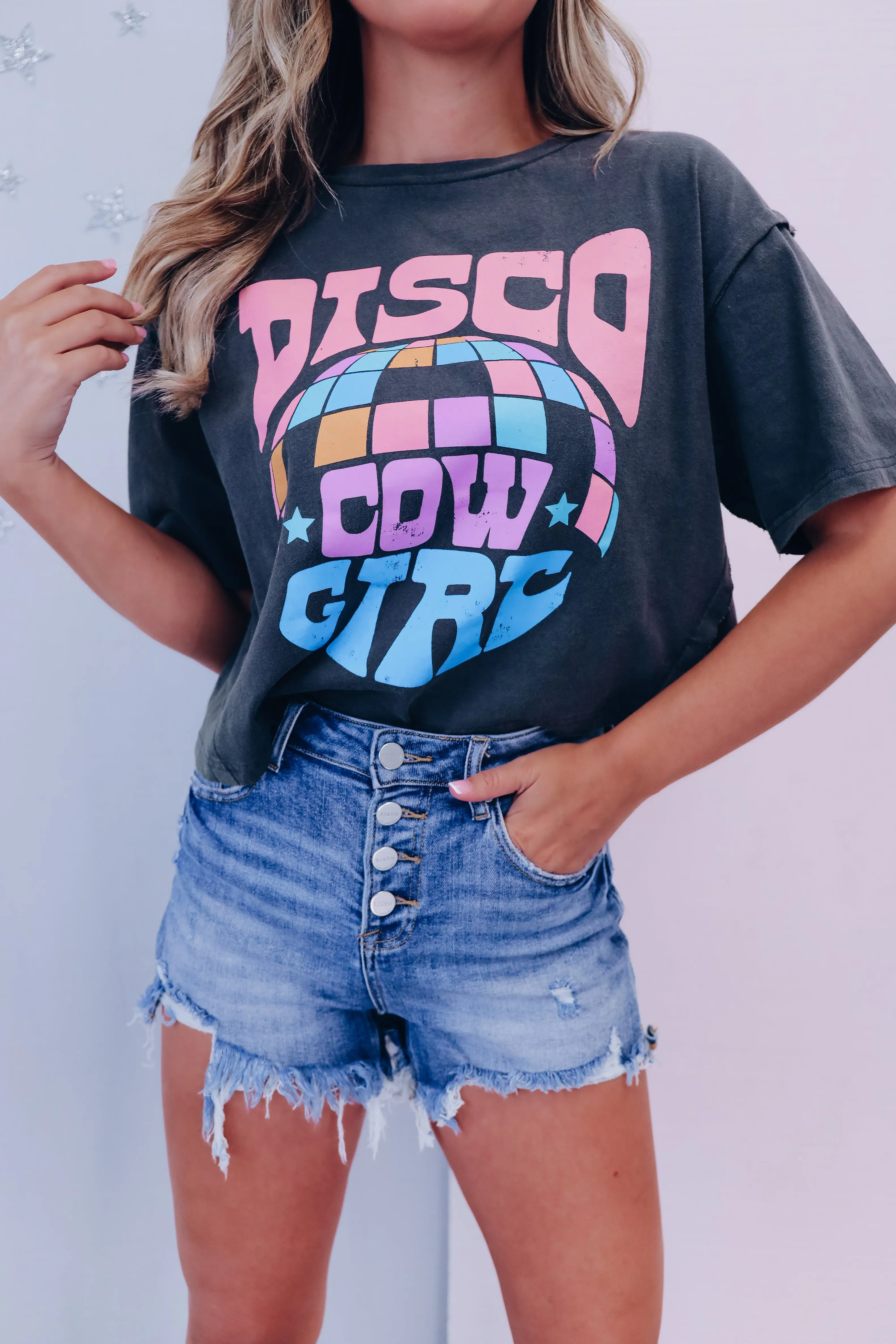 Disco Cowgirl Cropped Graphic Tee - Charcoal