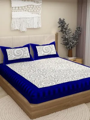 DWARDROBE Bedsheet Cotton for Double Bed, with Matching 2 Pillow Covers, Floral Printed Double Bedsheet, 160 TC, Breathable and Wrinkle Free Soft Bedsheet (90x100Inches) (Dark Blue)