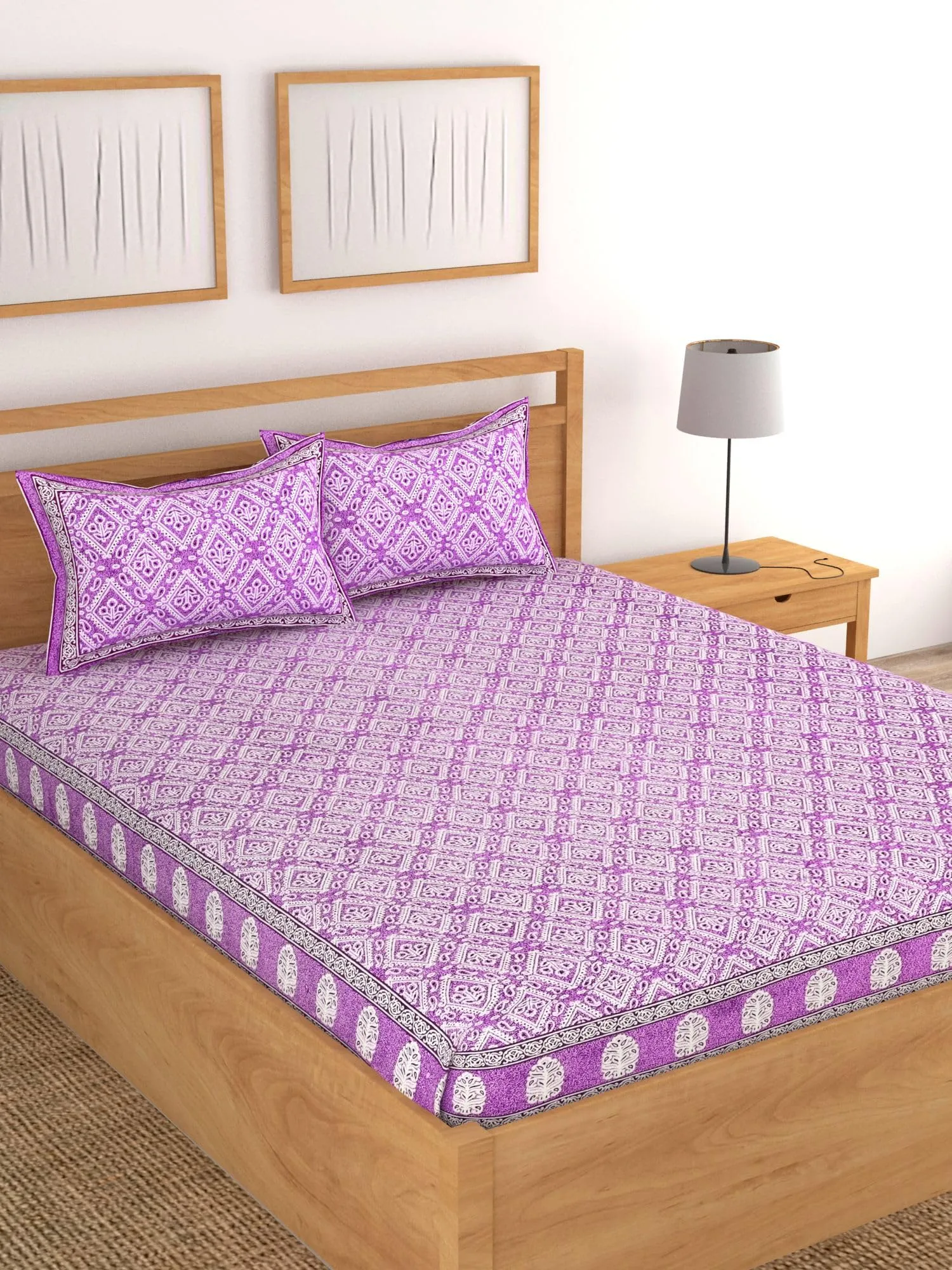 DWARDROBE-King Size Printed Cotton Bedsheet Set with 2 Pillow Covers, 180TC Breathable & Wrinkle Free King Size Bedsheets (93x108Inches) (Purple)