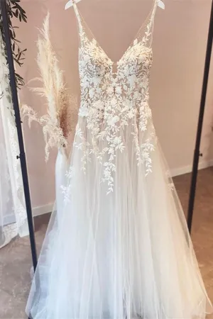 Elegant Long A-line V-neck Tulle Appliques Lace Open Back Wedding Dress