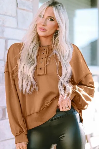 Exposed Seam Half Button Long Sleeve Sweatshirt