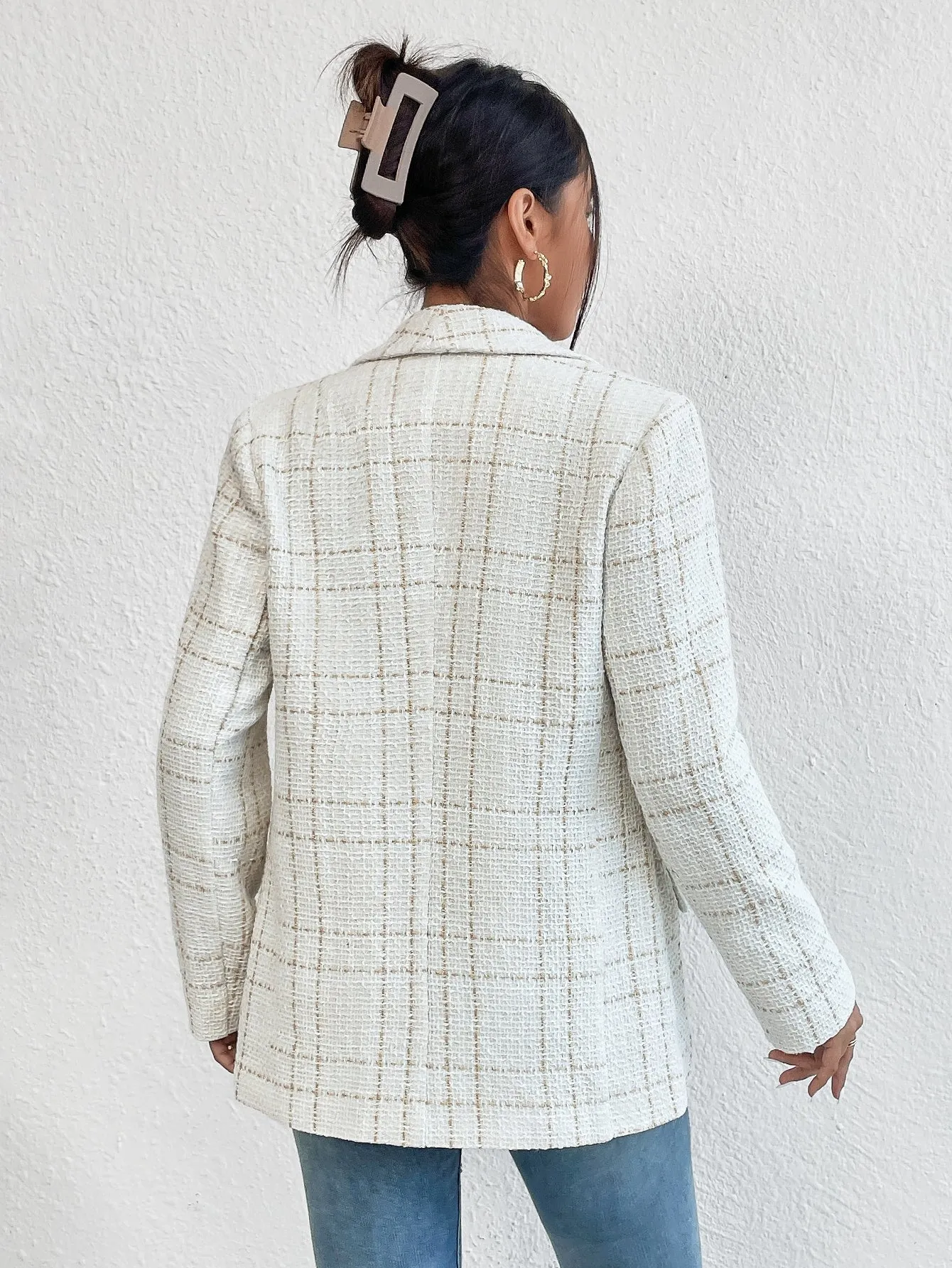 Frenchy Plaid Shawl Collar Open Front Blazer