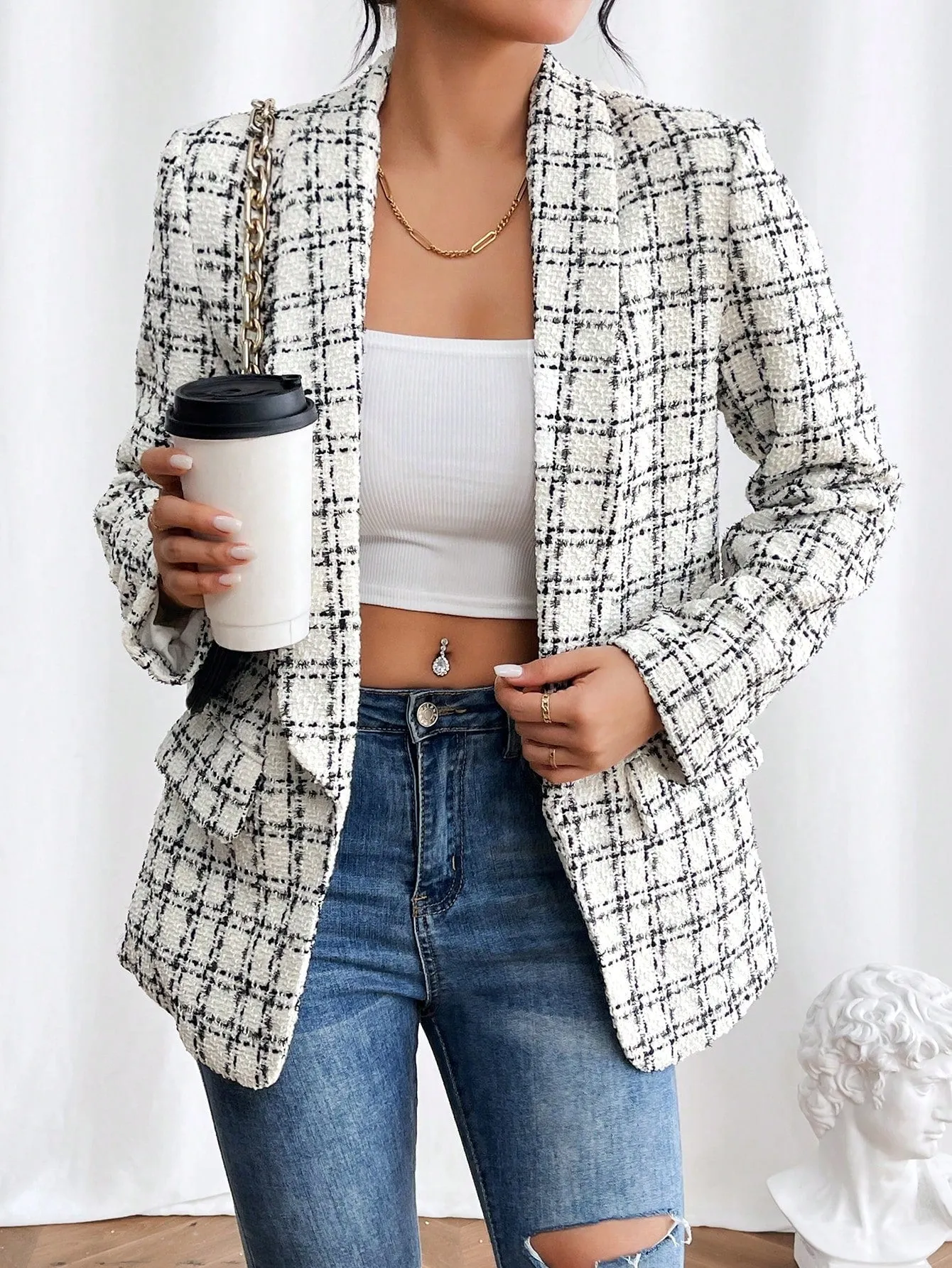 Frenchy Plaid Shawl Collar Open Front Blazer