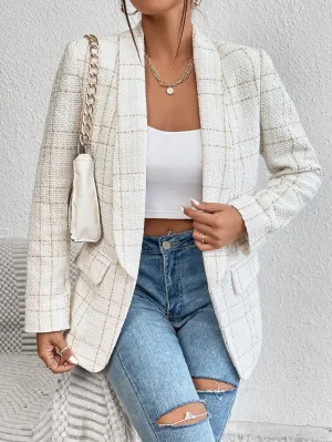 Frenchy Plaid Shawl Collar Open Front Blazer