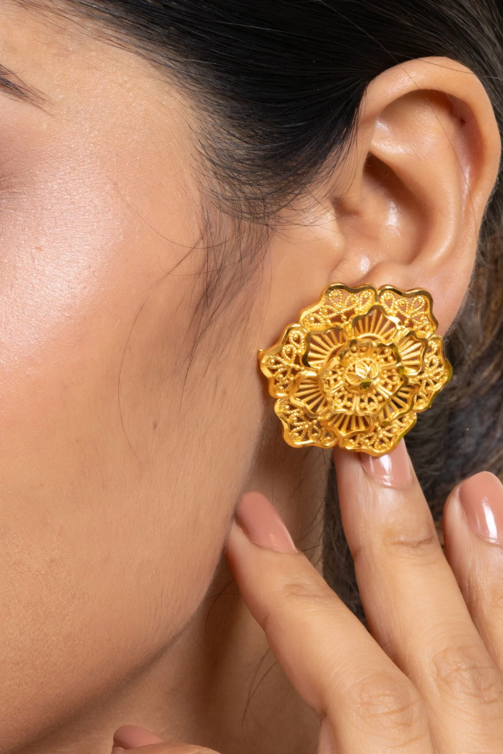 Gold Plated 3-Layer Floral Stud Earrings - Handmade Copper, Non-Allergic, Elegant Design for All Occasions