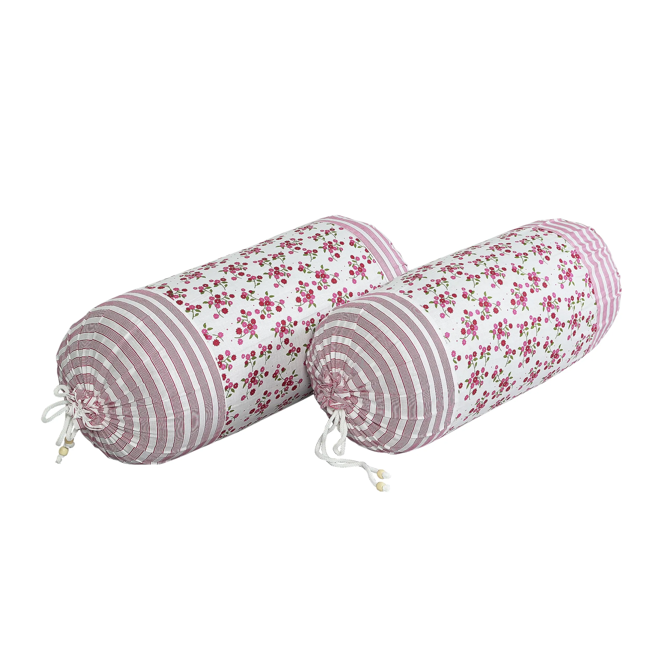 Heart Home Bolster Covers | Cotton Bolster Cover Set | Diwan Bolster Cover Set | Bolster Pillow Cover | Pink Flower Masand Cover | 16x32 Inch | Pack of 4 | White