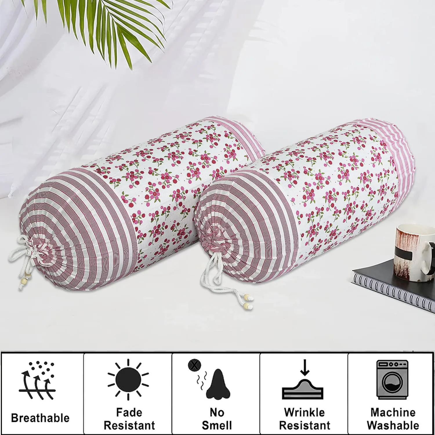 Heart Home Bolster Covers | Cotton Bolster Cover Set | Diwan Bolster Cover Set | Bolster Pillow Cover | Pink Flower Masand Cover | 16x32 Inch | Pack of 4 | White