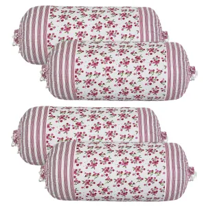 Heart Home Bolster Covers | Cotton Bolster Cover Set | Diwan Bolster Cover Set | Bolster Pillow Cover | Pink Flower Masand Cover | 16x32 Inch | Pack of 4 | White