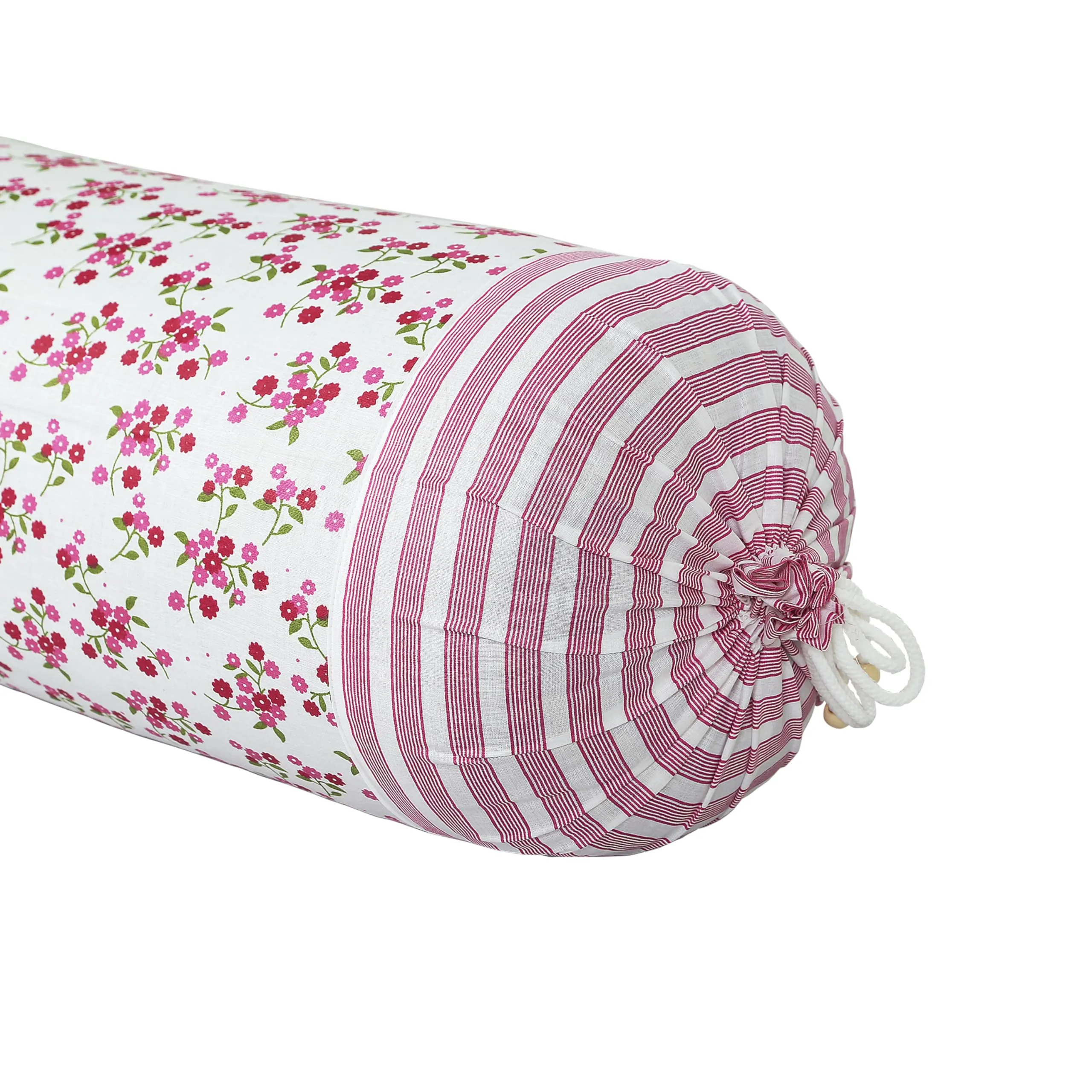 Heart Home Bolster Covers | Cotton Bolster Cover Set | Diwan Bolster Cover Set | Bolster Pillow Cover | Pink Flower Masand Cover | 16x32 Inch | Pack of 4 | White