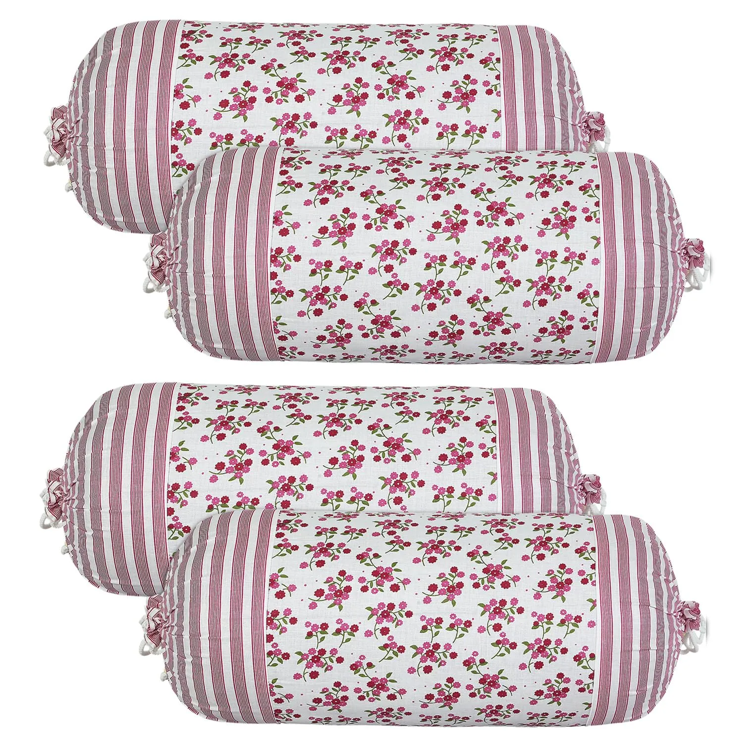 Heart Home Bolster Covers | Cotton Bolster Cover Set | Diwan Bolster Cover Set | Bolster Pillow Cover | Pink Flower Masand Cover | 16x32 Inch | Pack of 4 | White