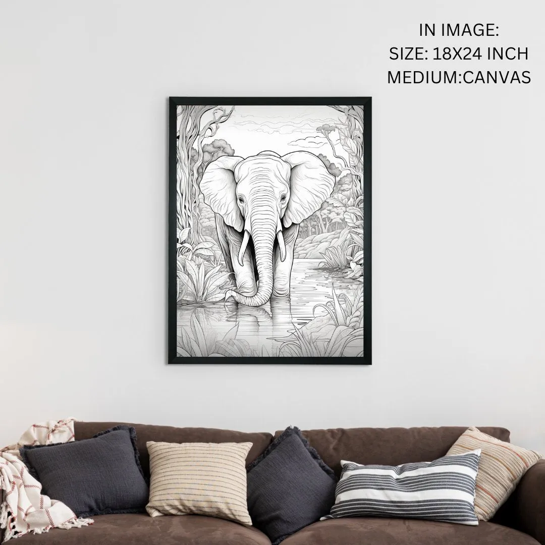 Jungle Symphony: Handcrafted Line Art Elephant Canvas – Premium Indian-Inspired Wall Art for Modern Home Decoration