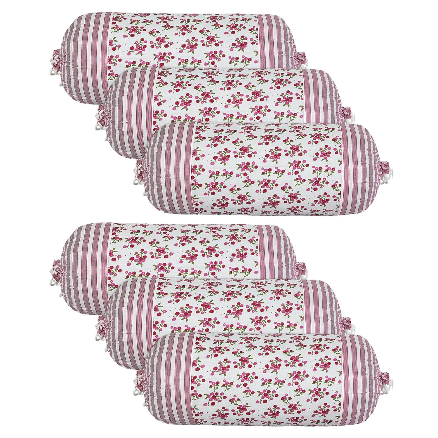 Kuber Industries Bolster Covers | Cotton Bolster Cover Set | Diwan Bolster Cover Set | Bolster Pillow Cover | Pink Flower Masand Cover | 16x32 Inch | Pack of 6 | White