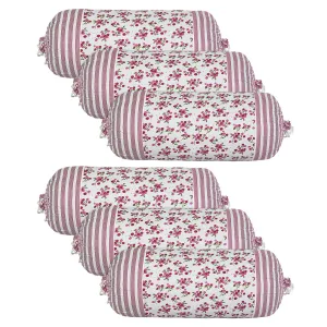 Kuber Industries Bolster Covers | Cotton Bolster Cover Set | Diwan Bolster Cover Set | Bolster Pillow Cover | Pink Flower Masand Cover | 16x32 Inch | Pack of 6 | White