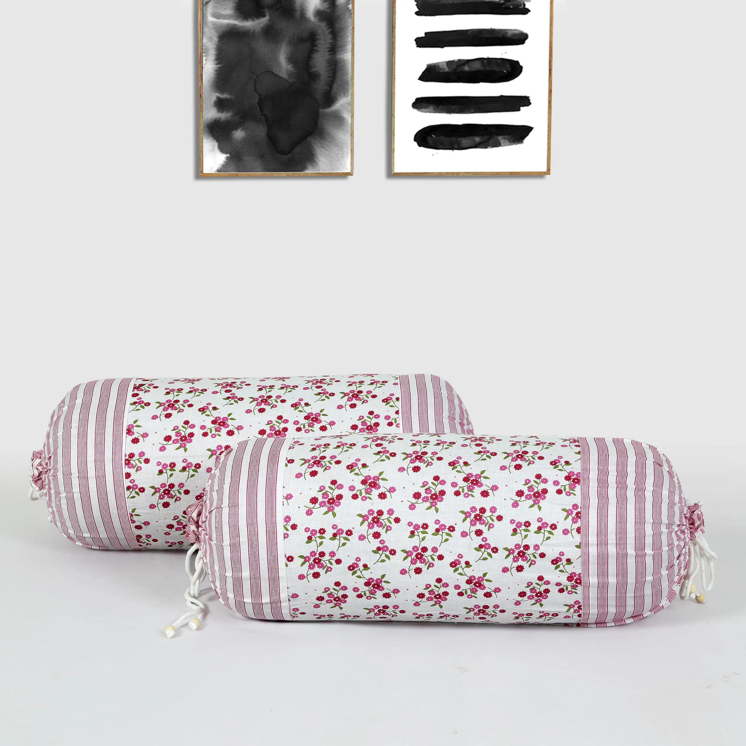 Kuber Industries Bolster Covers | Cotton Bolster Cover Set | Diwan Bolster Cover Set | Bolster Pillow Cover | Pink Flower Masand Cover | 16x32 Inch | Pack of 6 | White