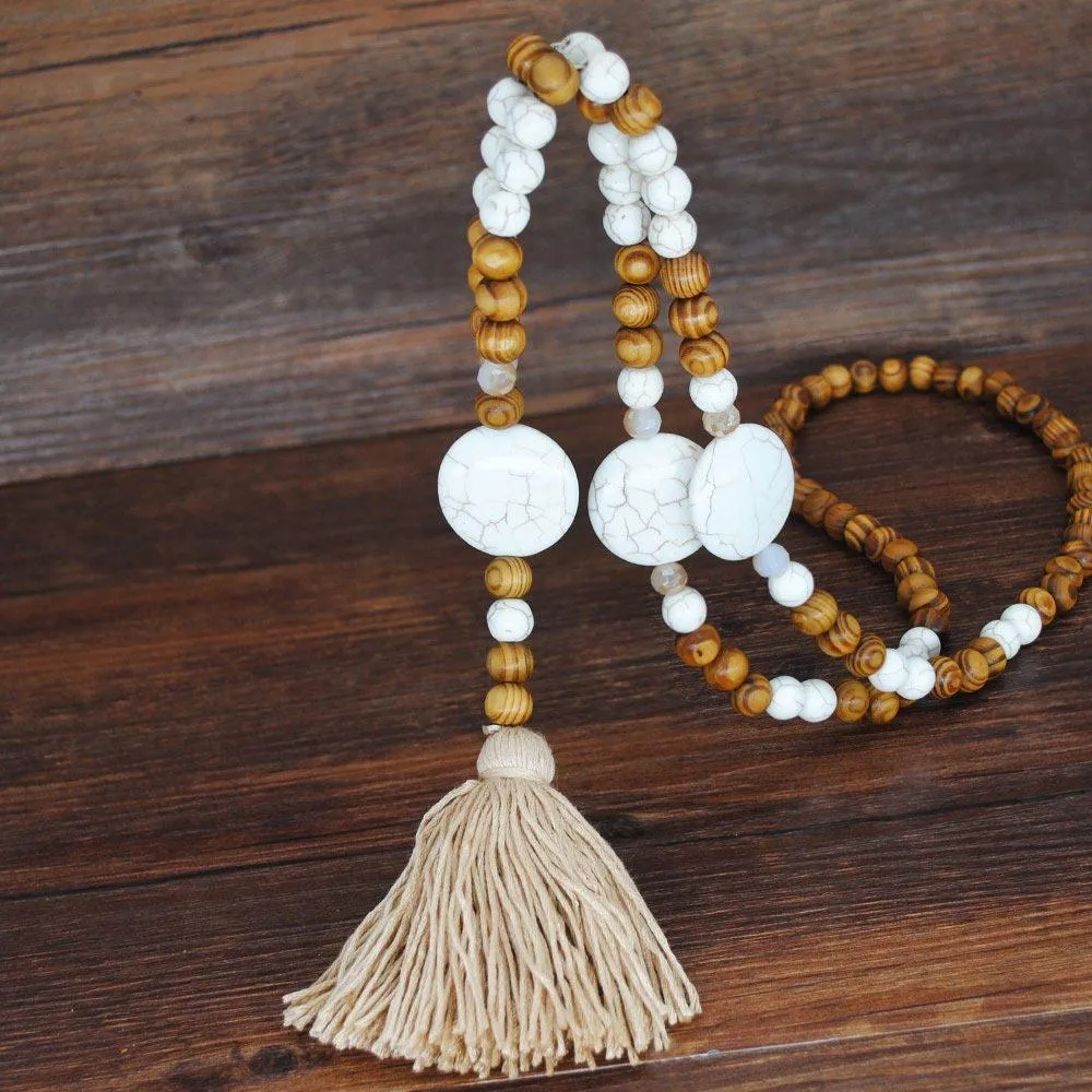 Long Beaded Tassel Boho Statement Necklace