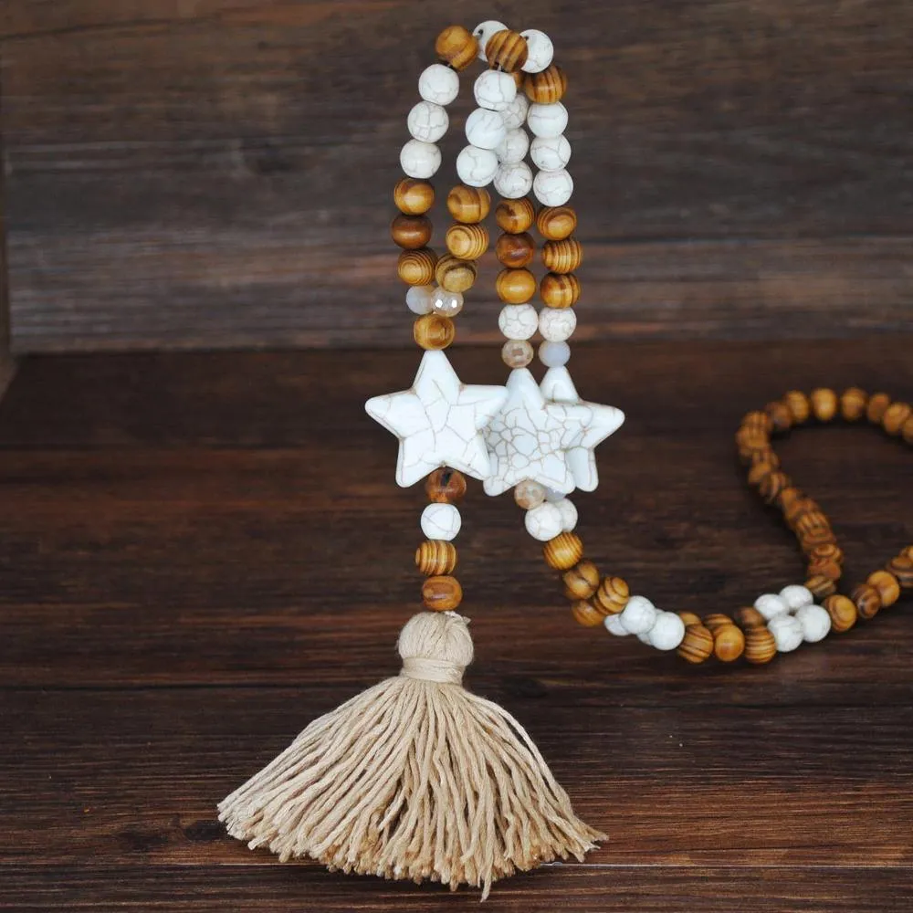 Long Beaded Tassel Boho Statement Necklace