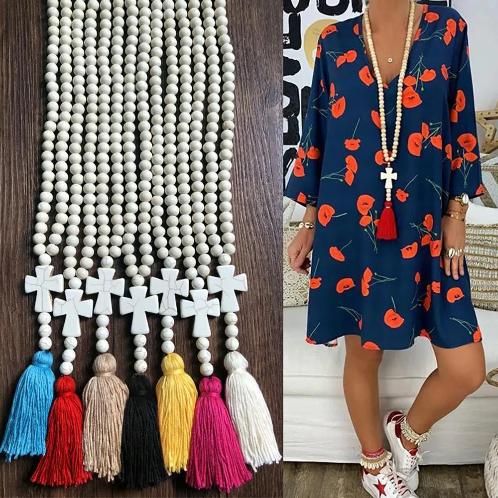 Long Beaded Tassel Boho Statement Necklace