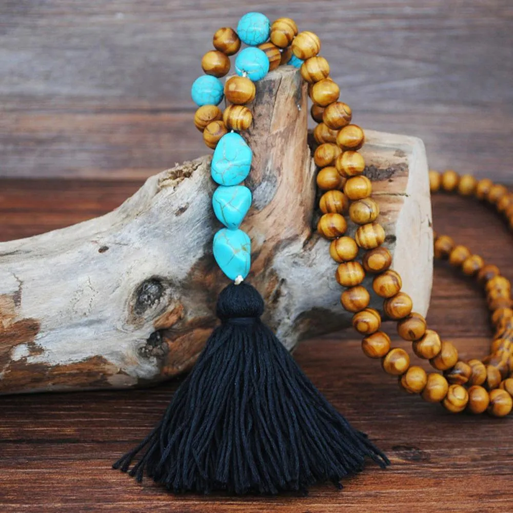 Long Beaded Tassel Boho Statement Necklace