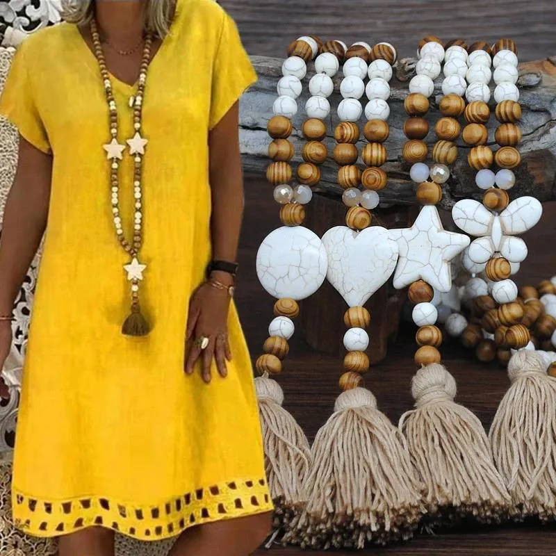 Long Beaded Tassel Boho Statement Necklace