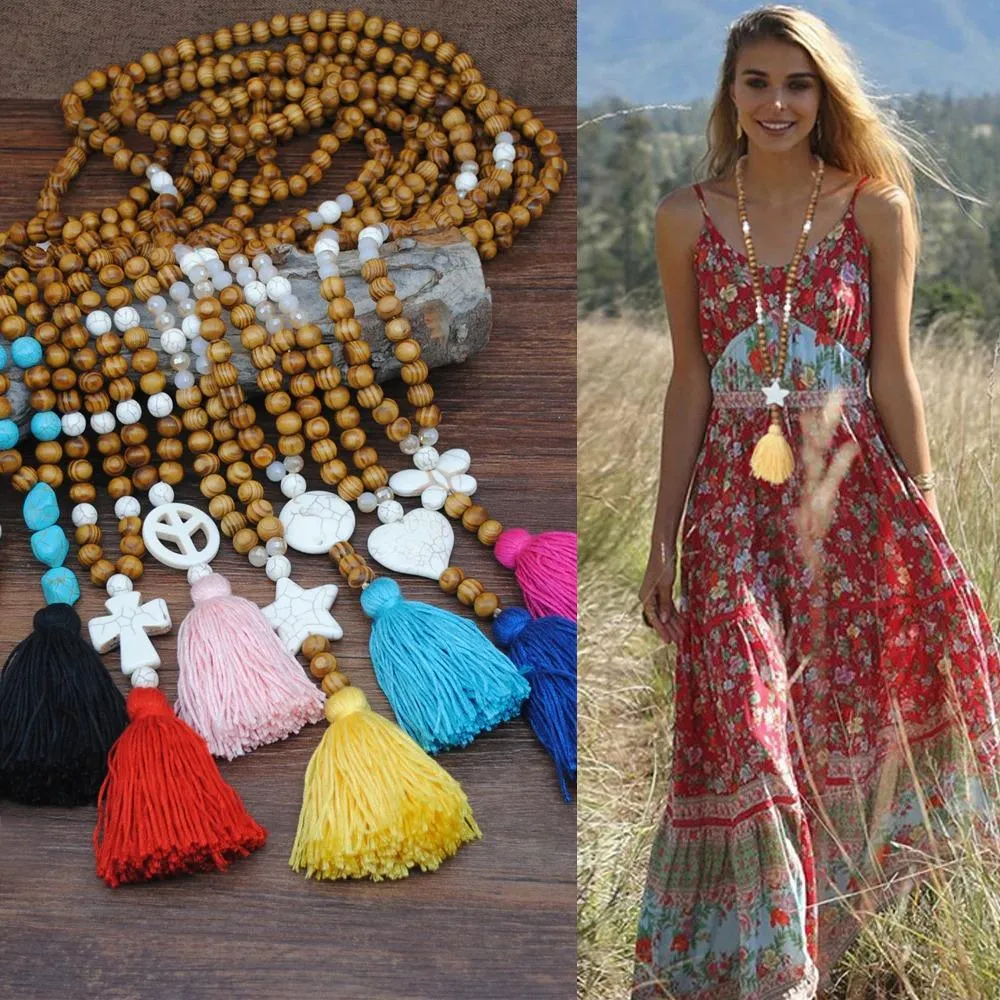 Long Beaded Tassel Boho Statement Necklace