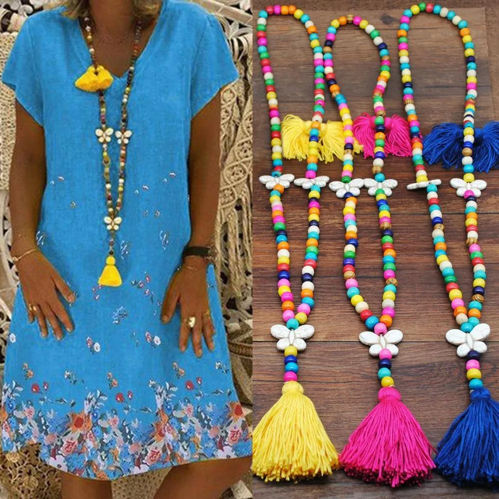 Long Beaded Tassel Boho Statement Necklace