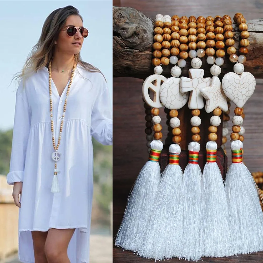 Long Beaded Tassel Boho Statement Necklace