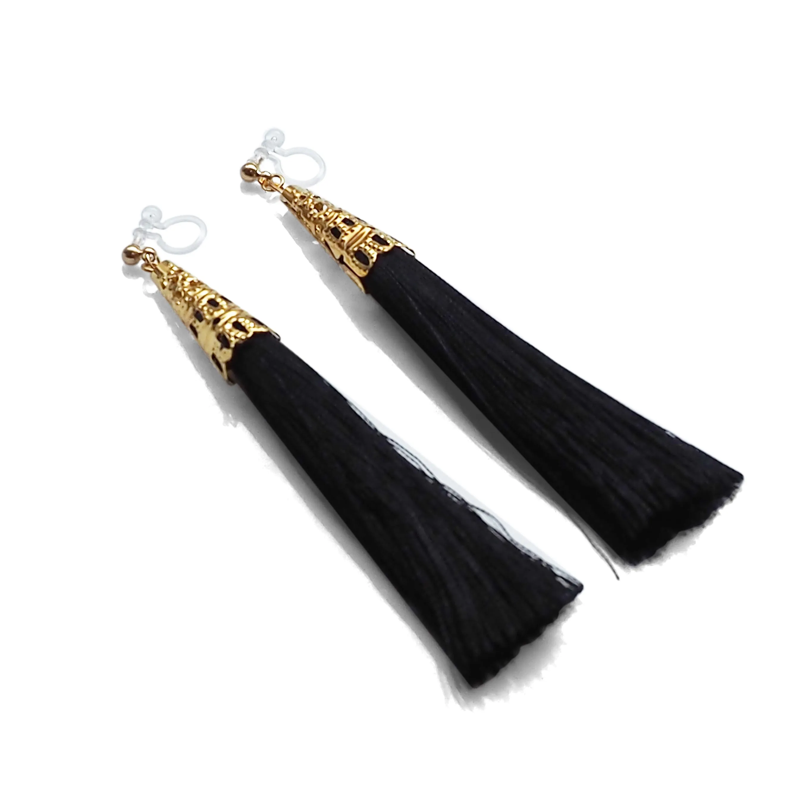 Long Black Tassel Invisible Clip On Earrings