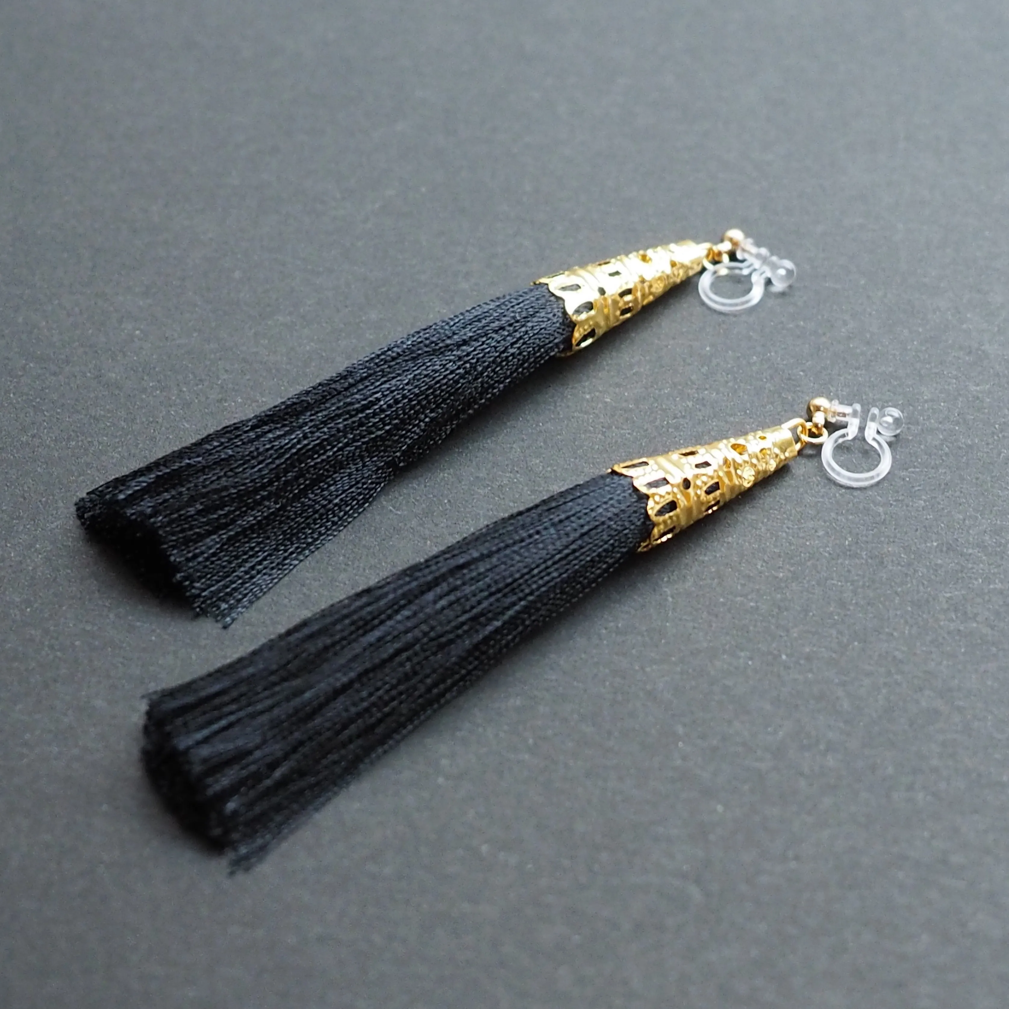 Long Black Tassel Invisible Clip On Earrings