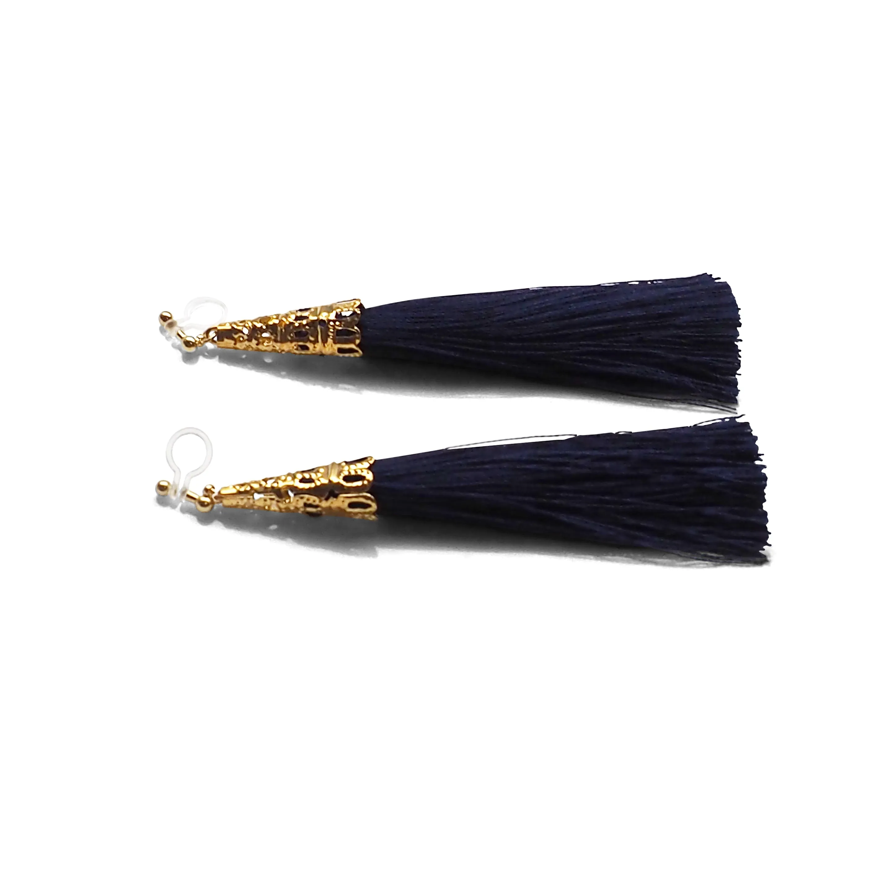 Long Navy Blue Tassel Invisible Clip On Earrings